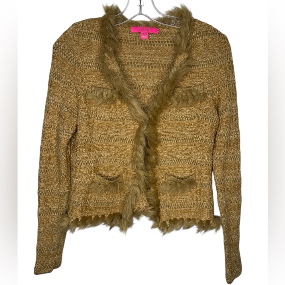 Lilly Pulitzer Preona Cardigan Sand Castle Metallic Tweed Faux Fur XS